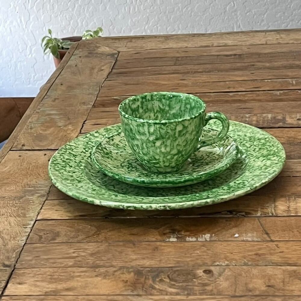 Stangl Pottery Caughley Green Spongeware Ceramic Cup Saucer Dinner Plate 3 Pc